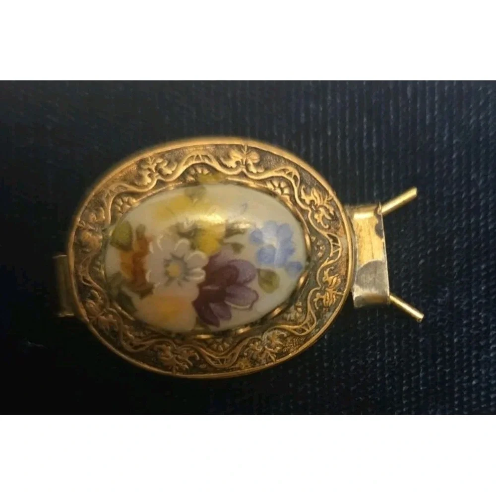 Pair Vintage Floral Porcelain Hair Clips Colorful Flowers Oval Goldtone Setting